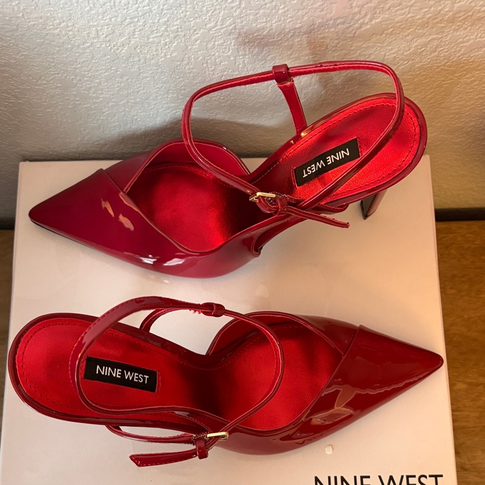 Nine West Red Patent Pointed-Toe Stiletto Heels with Ankle Straps - Picture 2 of 8